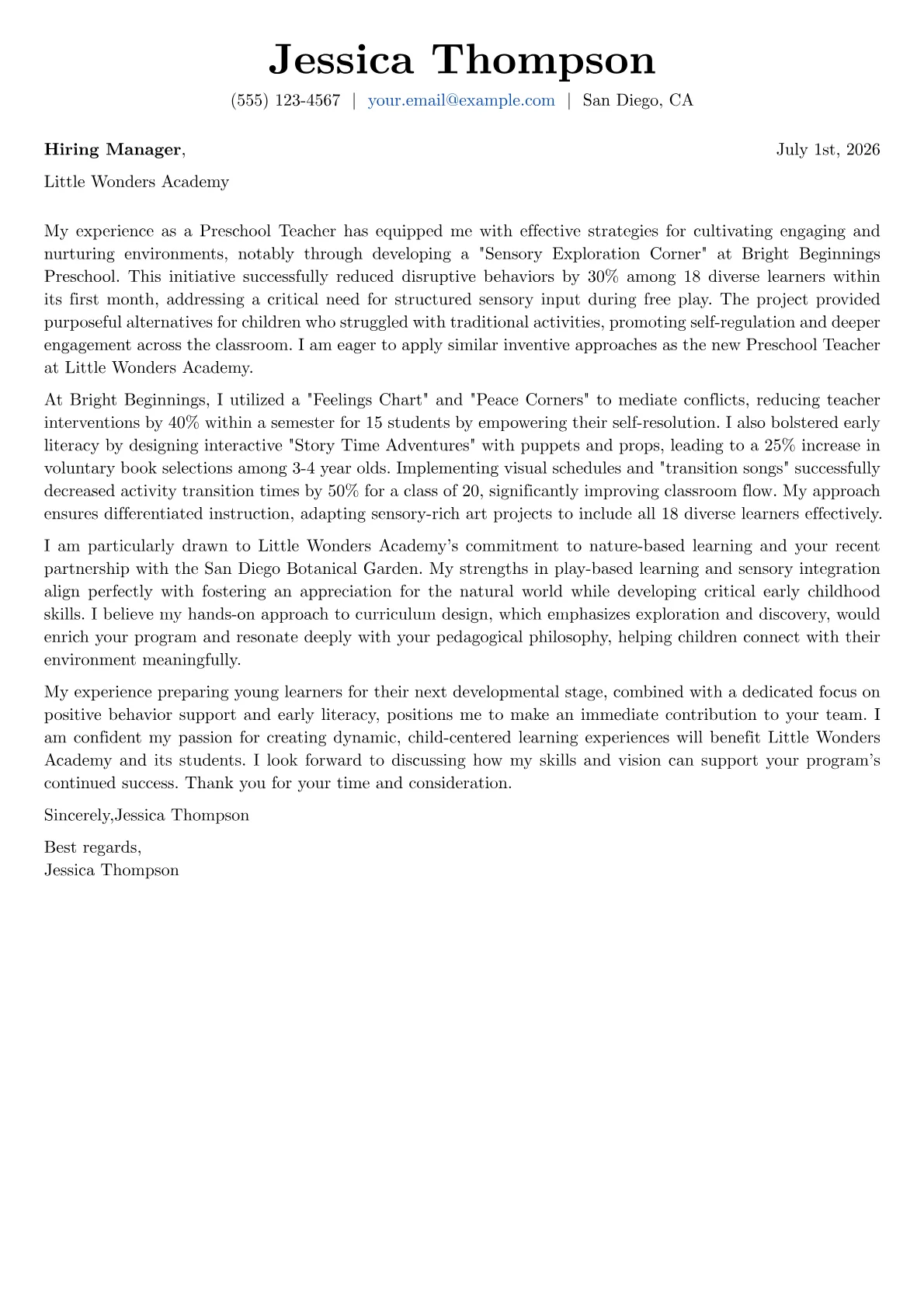 Preschool Teacher cover letter formatted with a JobSprout template