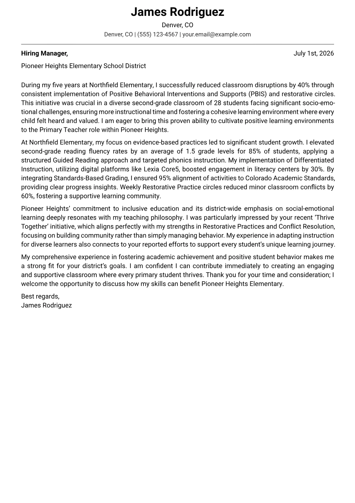 Primary Teacher cover letter formatted with a JobSprout template