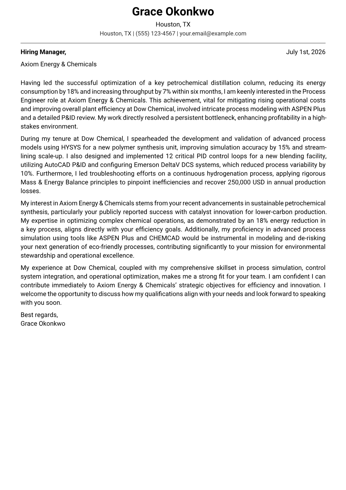 Process Engineer cover letter formatted with a JobSprout template