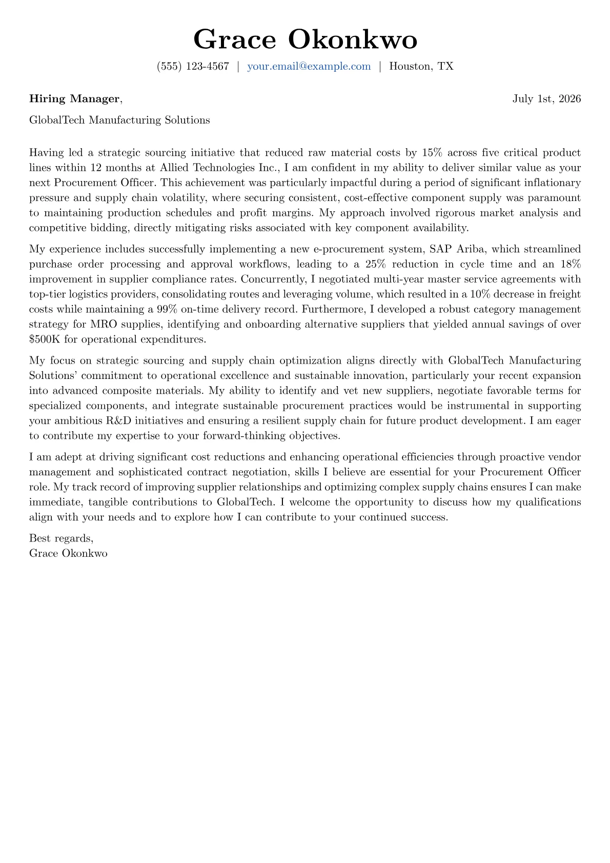 Procurement Officer cover letter formatted with a JobSprout template