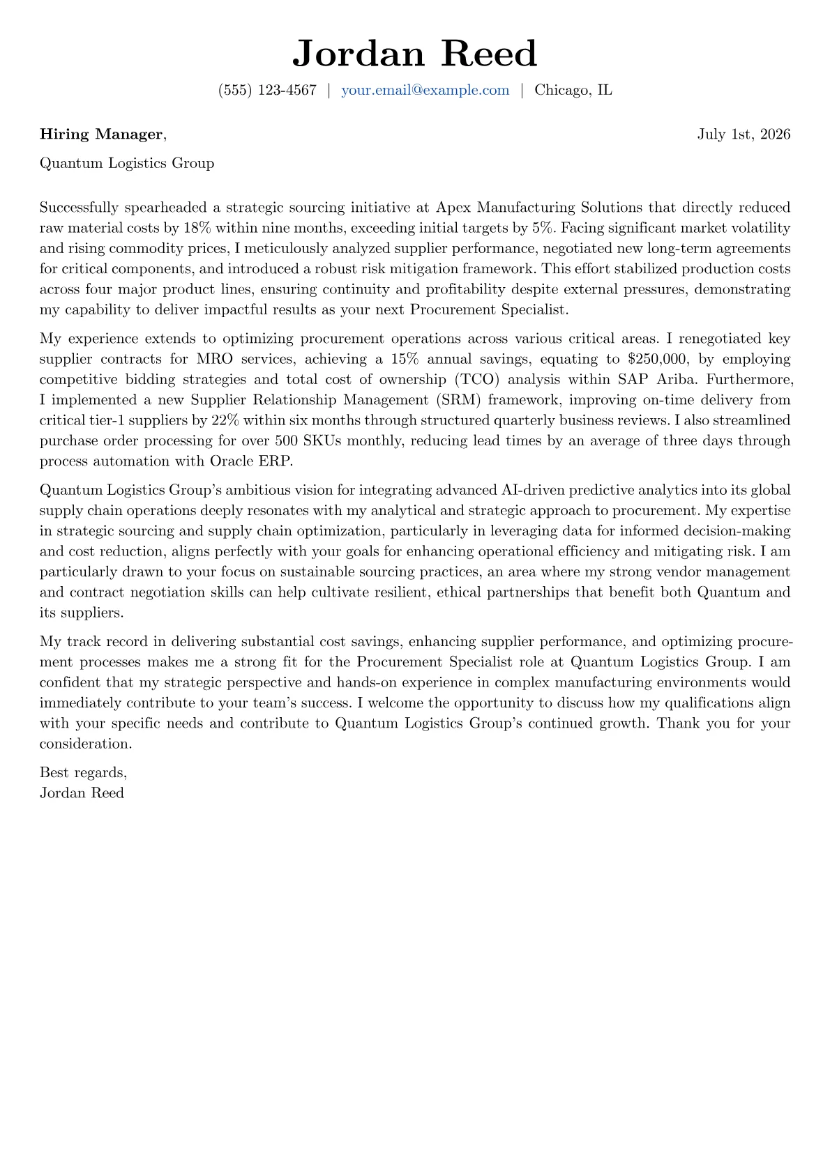 Procurement Specialist cover letter formatted with a JobSprout template