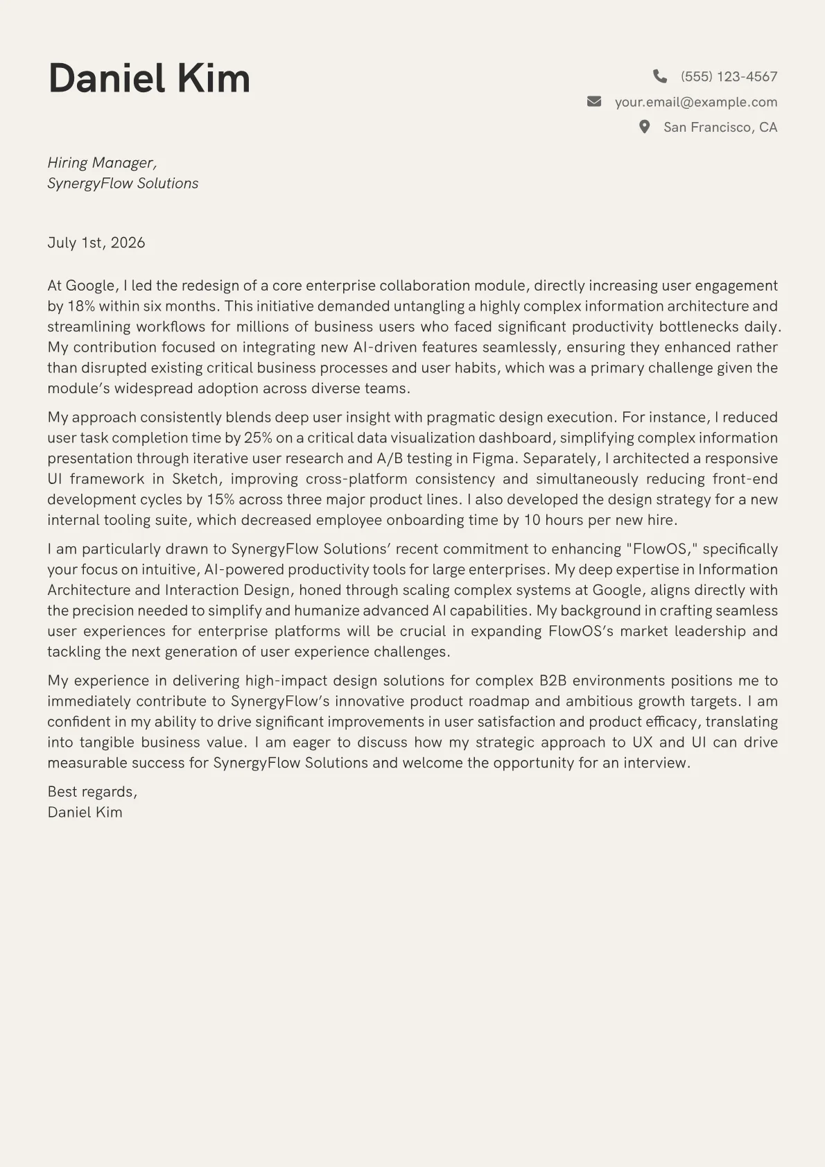 Product Designer cover letter formatted with a JobSprout template