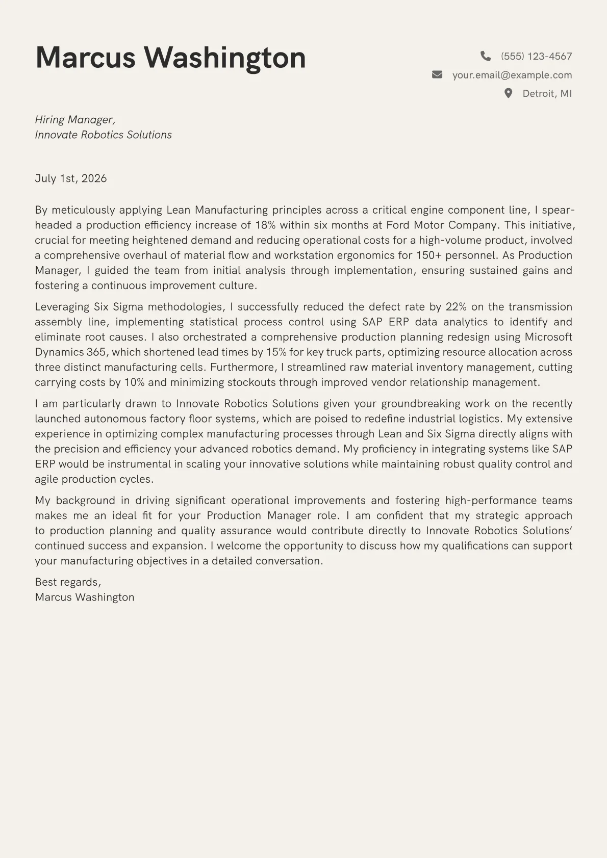 Production Manager cover letter formatted with a JobSprout template