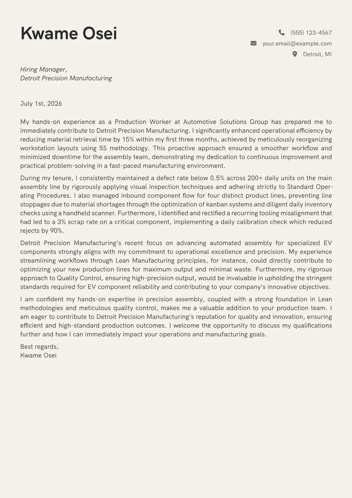 Production Worker cover letter formatted with a JobSprout template