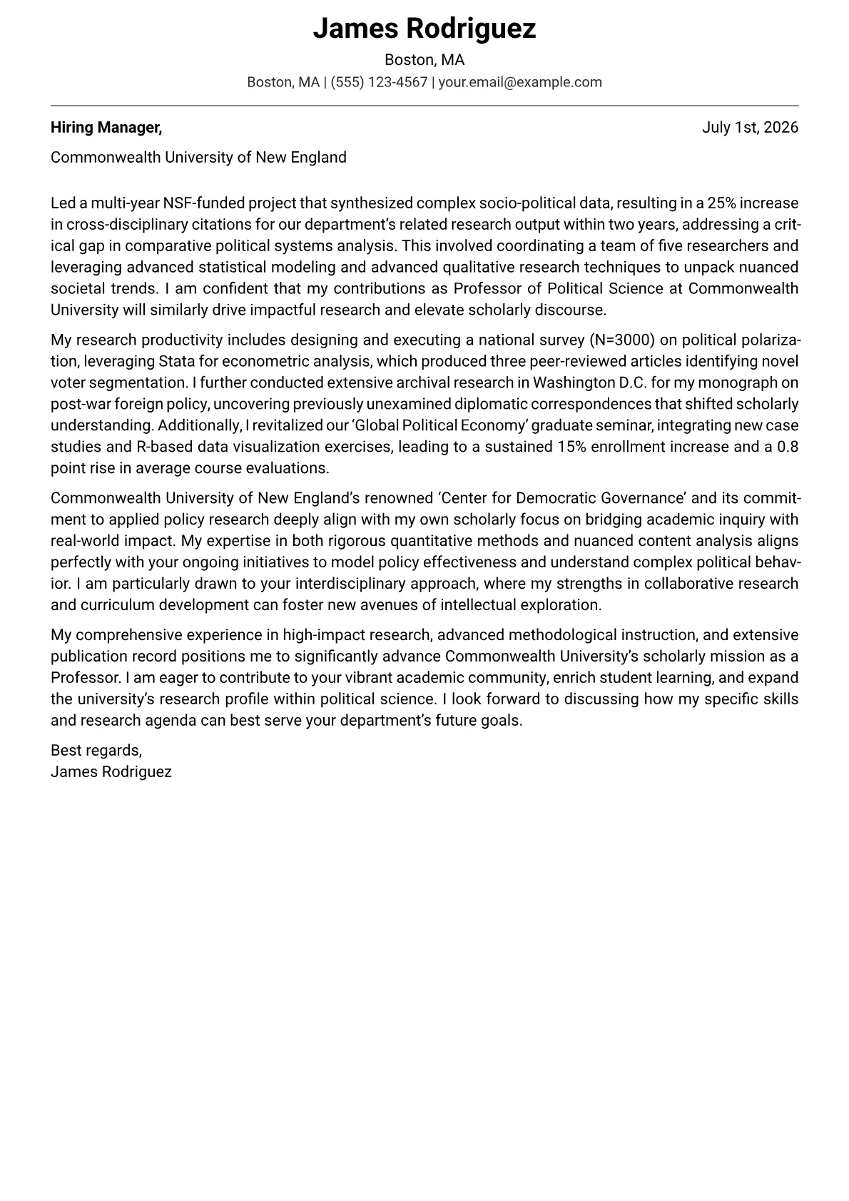 Professor cover letter formatted with a JobSprout template