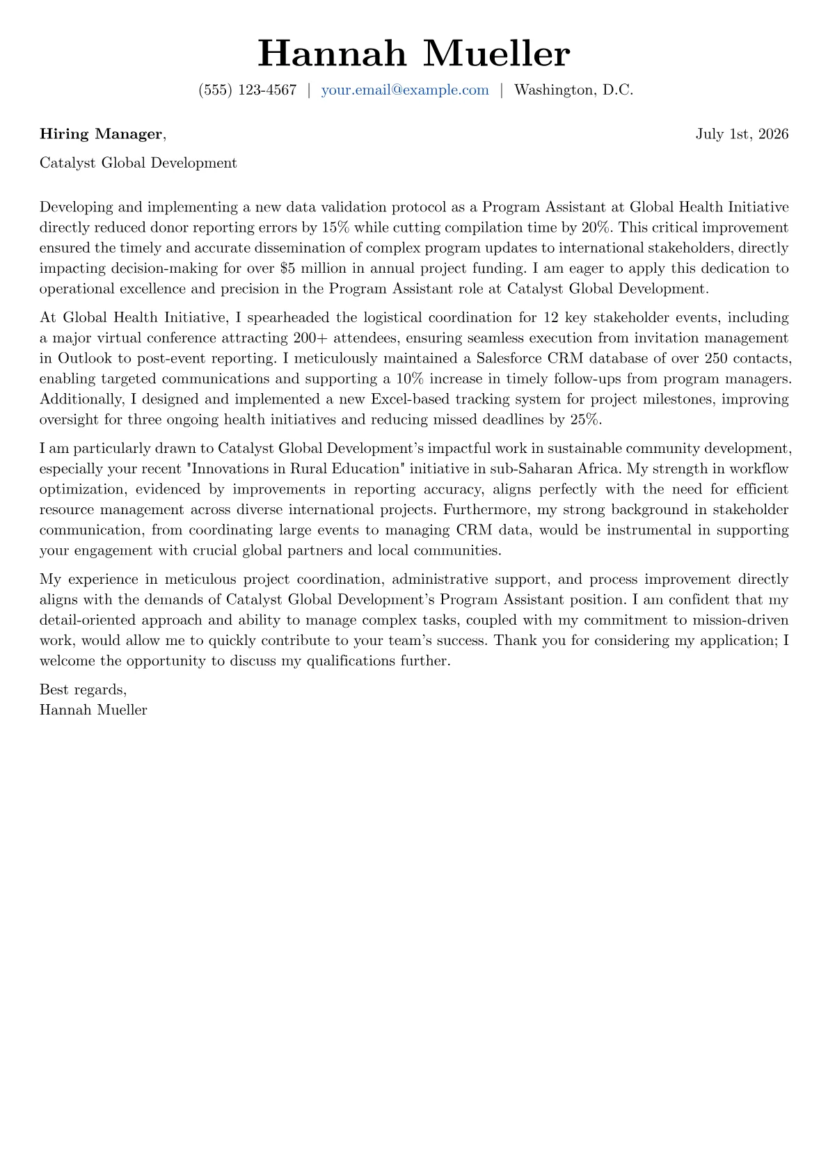 Program Assistant cover letter formatted with a JobSprout template