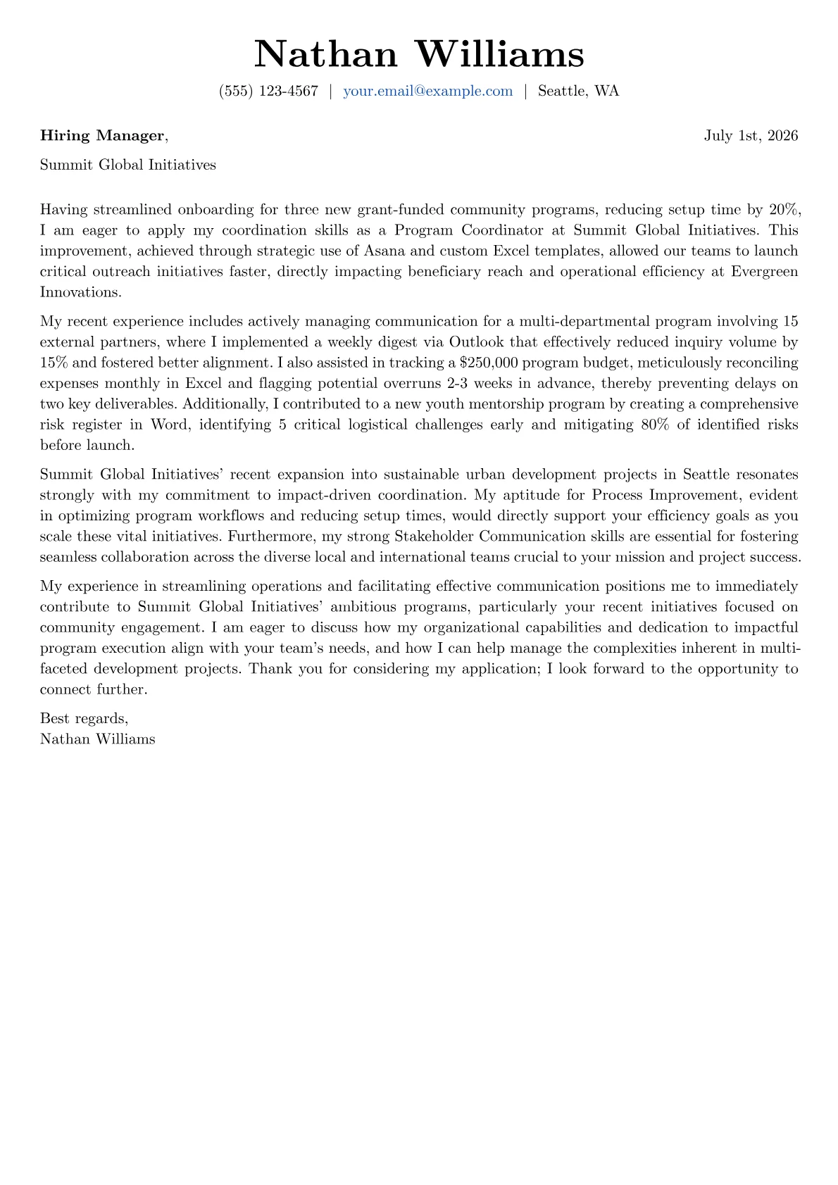 Program Coordinator cover letter formatted with a JobSprout template