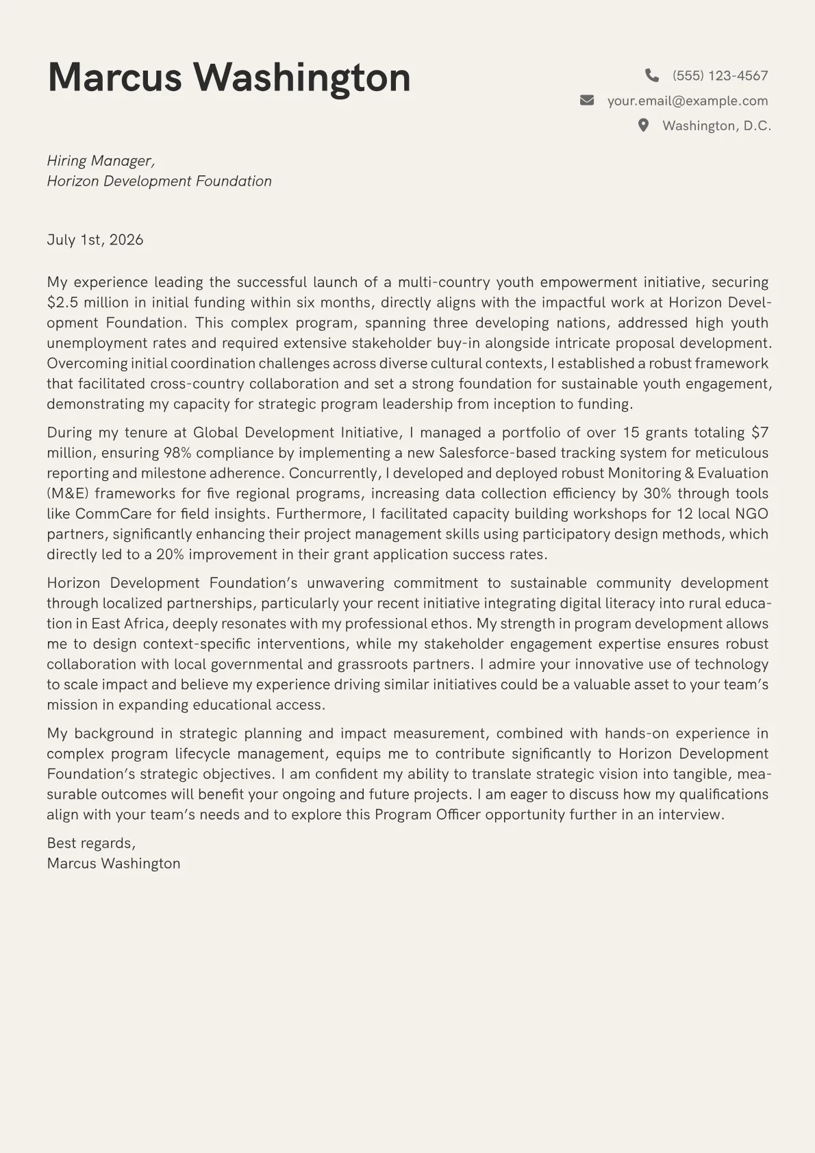 Program Officer cover letter formatted with a JobSprout template