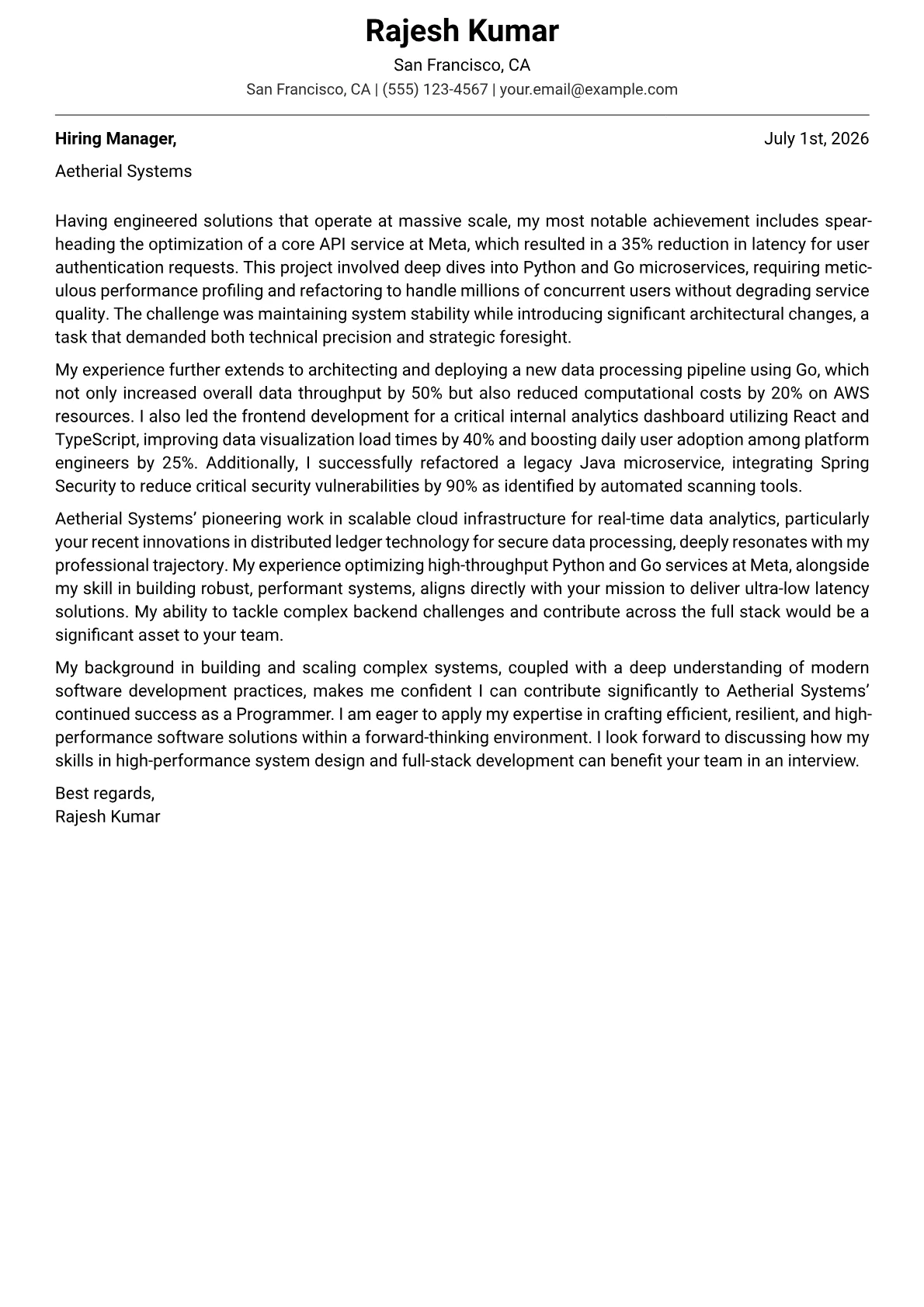 Programmer cover letter formatted with a JobSprout template