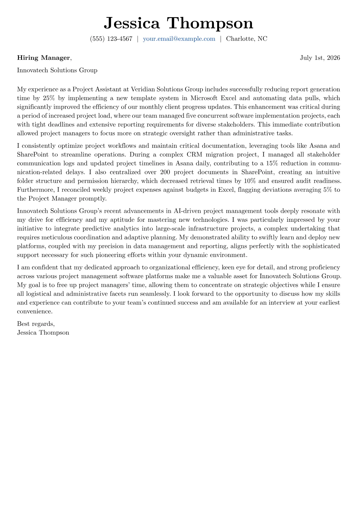 Project Assistant cover letter formatted with a JobSprout template