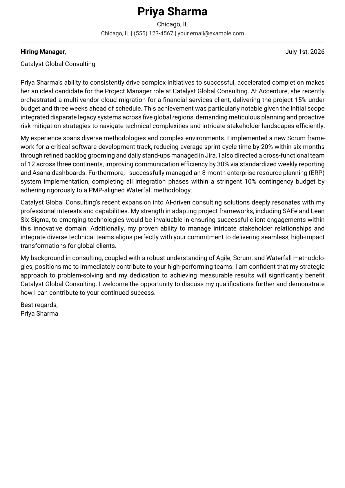 Project Manager cover letter formatted with a JobSprout template