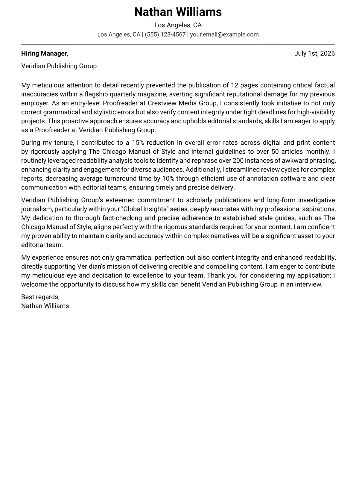 Proofreader cover letter formatted with a JobSprout template