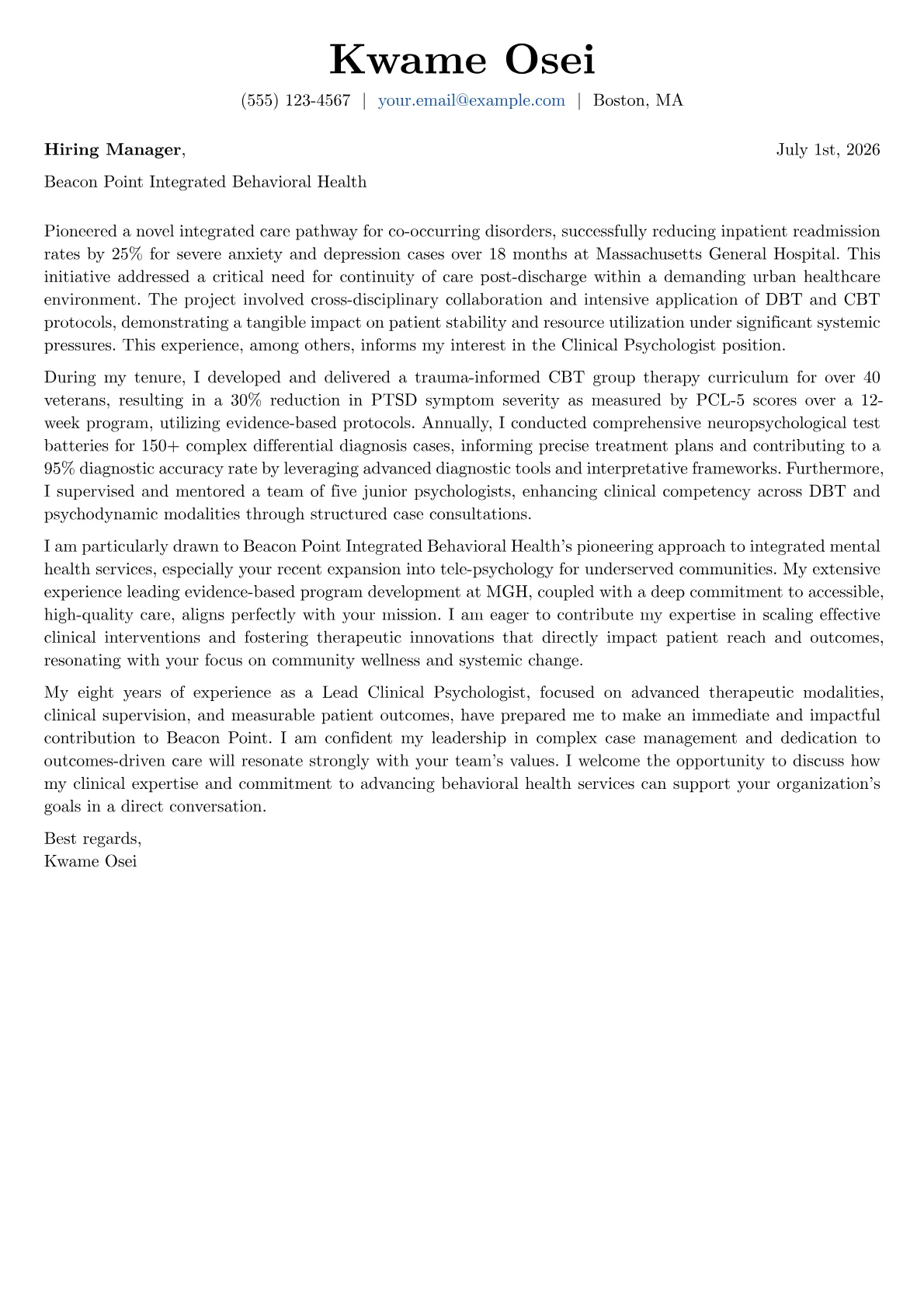 Psychologist cover letter formatted with a JobSprout template