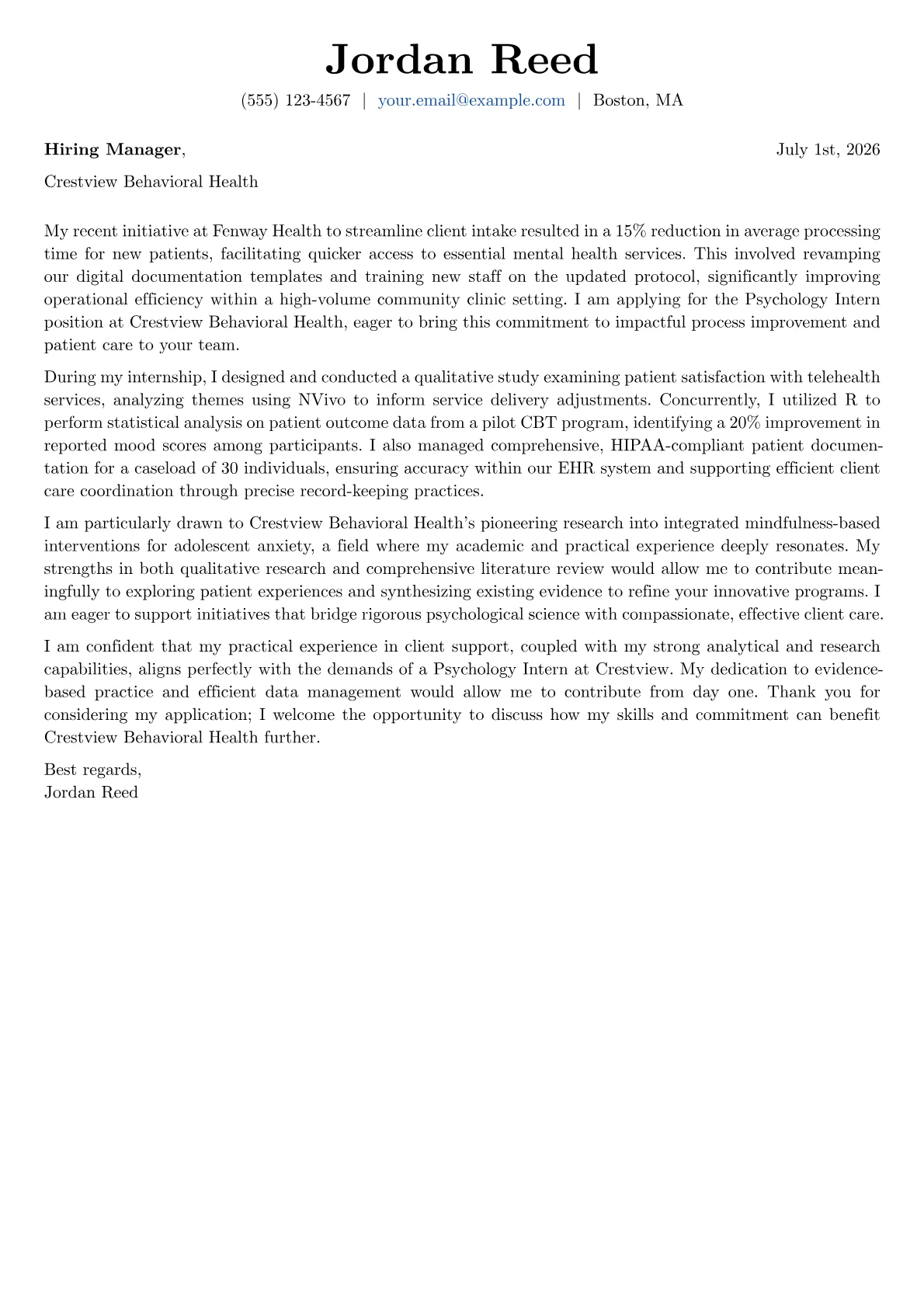 Psychology Intern cover letter formatted with a JobSprout template