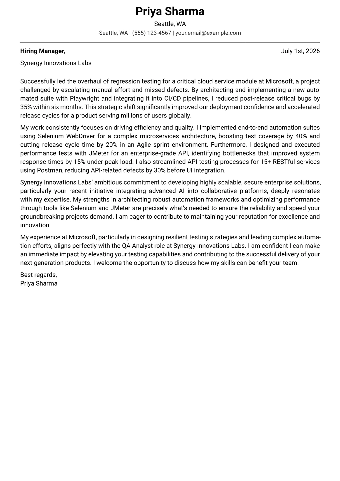 QA Analyst cover letter formatted with a JobSprout template