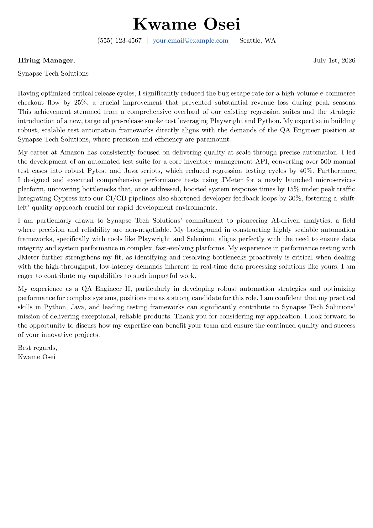 QA Engineer cover letter formatted with a JobSprout template