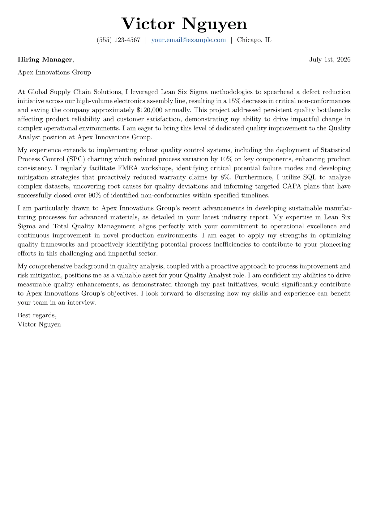 Quality Analyst cover letter formatted with a JobSprout template