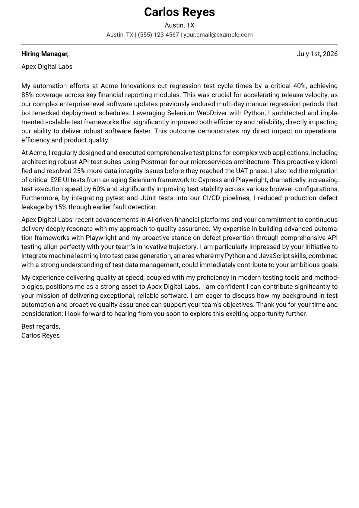 Quality Assurance Analyst cover letter formatted with a JobSprout template