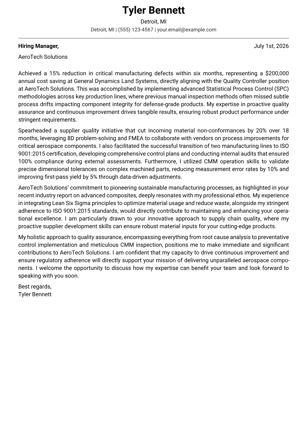 Quality Controller cover letter formatted with a JobSprout template
