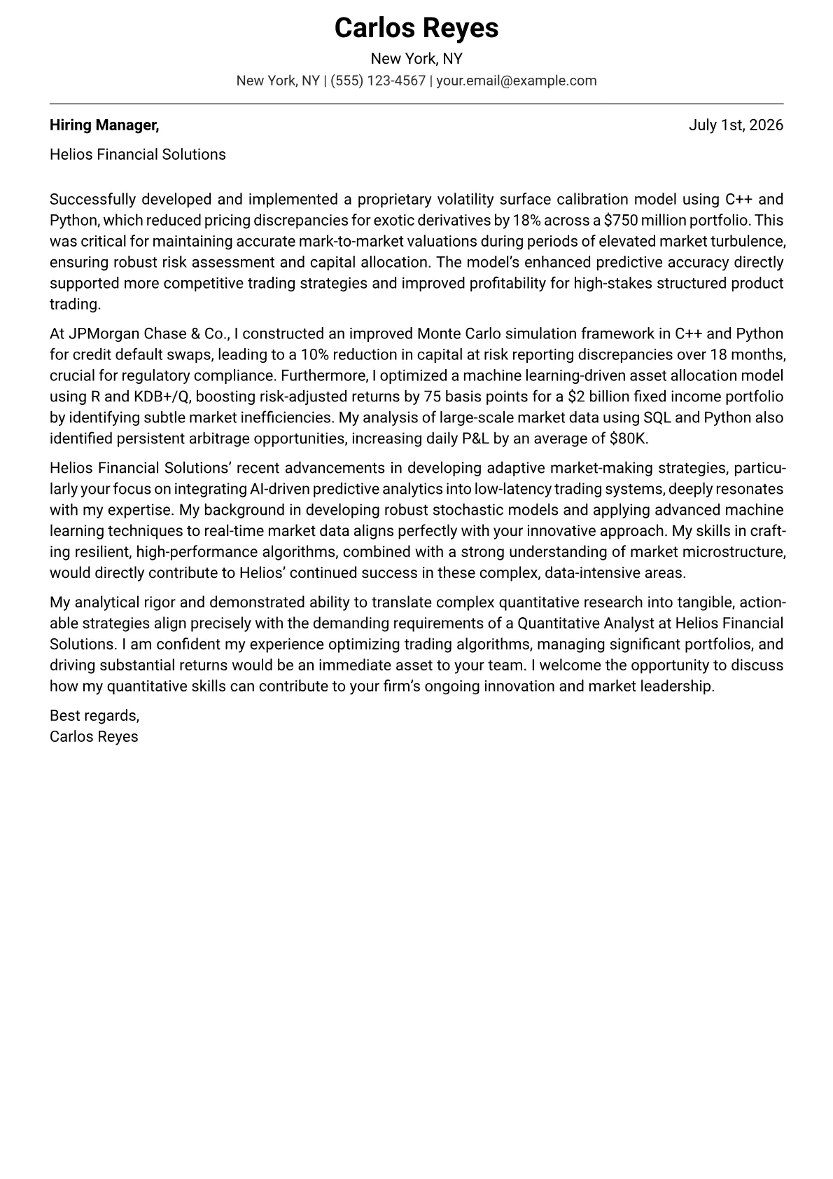 Quantitative Analyst cover letter formatted with a JobSprout template