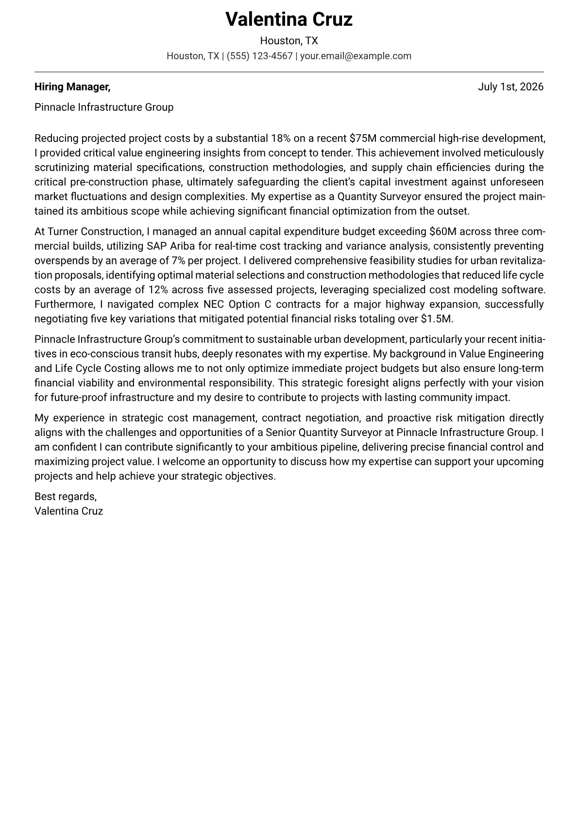 Quantity Surveyor cover letter formatted with a JobSprout template