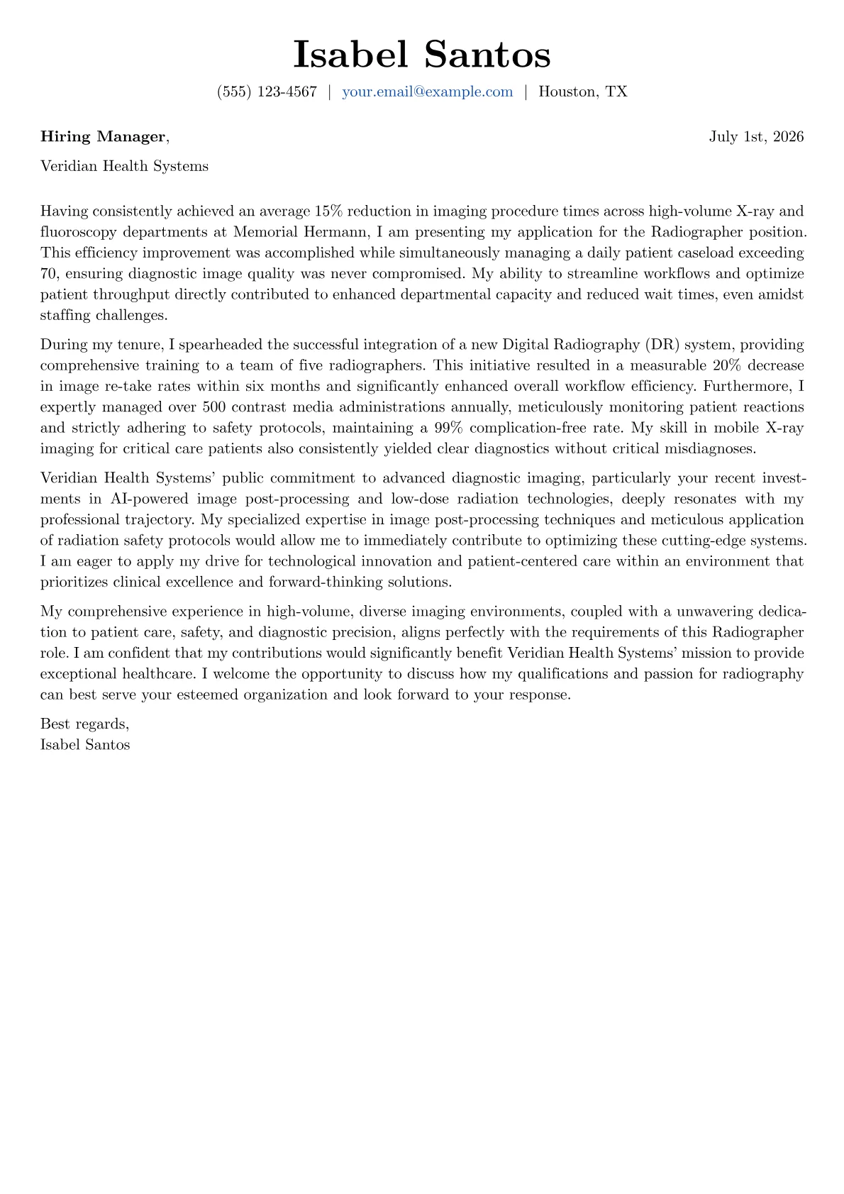 Radiographer cover letter formatted with a JobSprout template