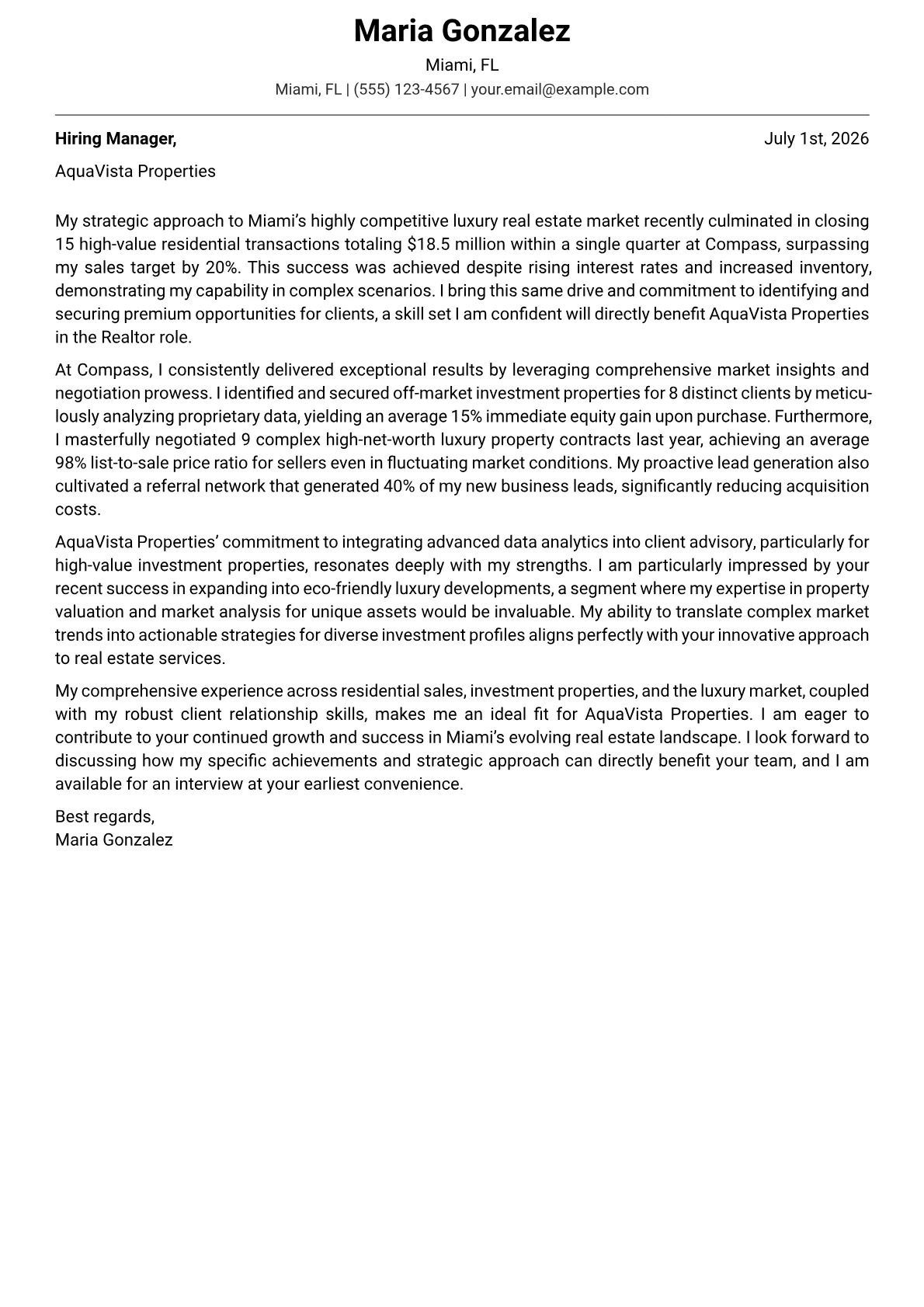 Realtor cover letter formatted with a JobSprout template