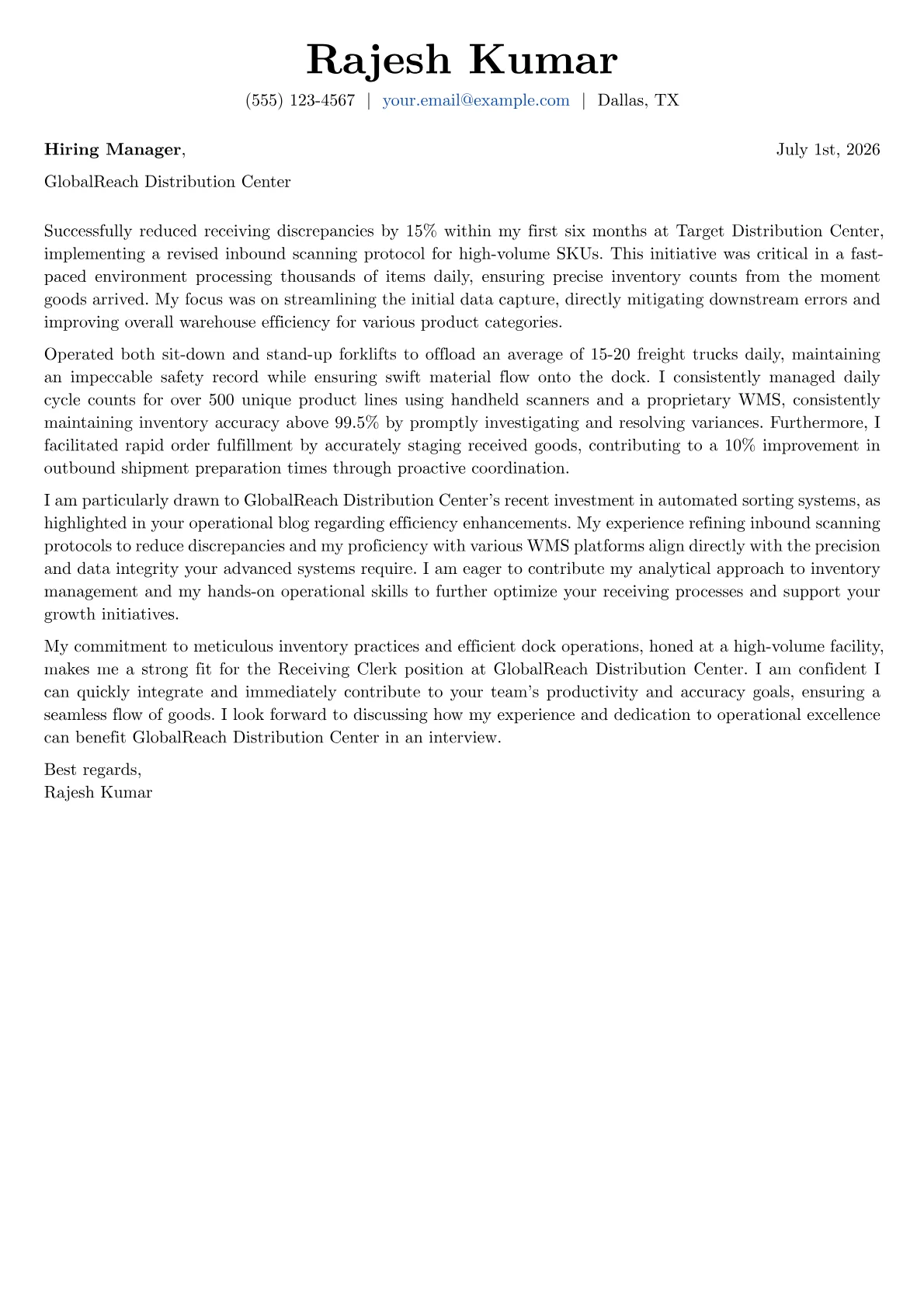 Receiving Clerk cover letter formatted with a JobSprout template