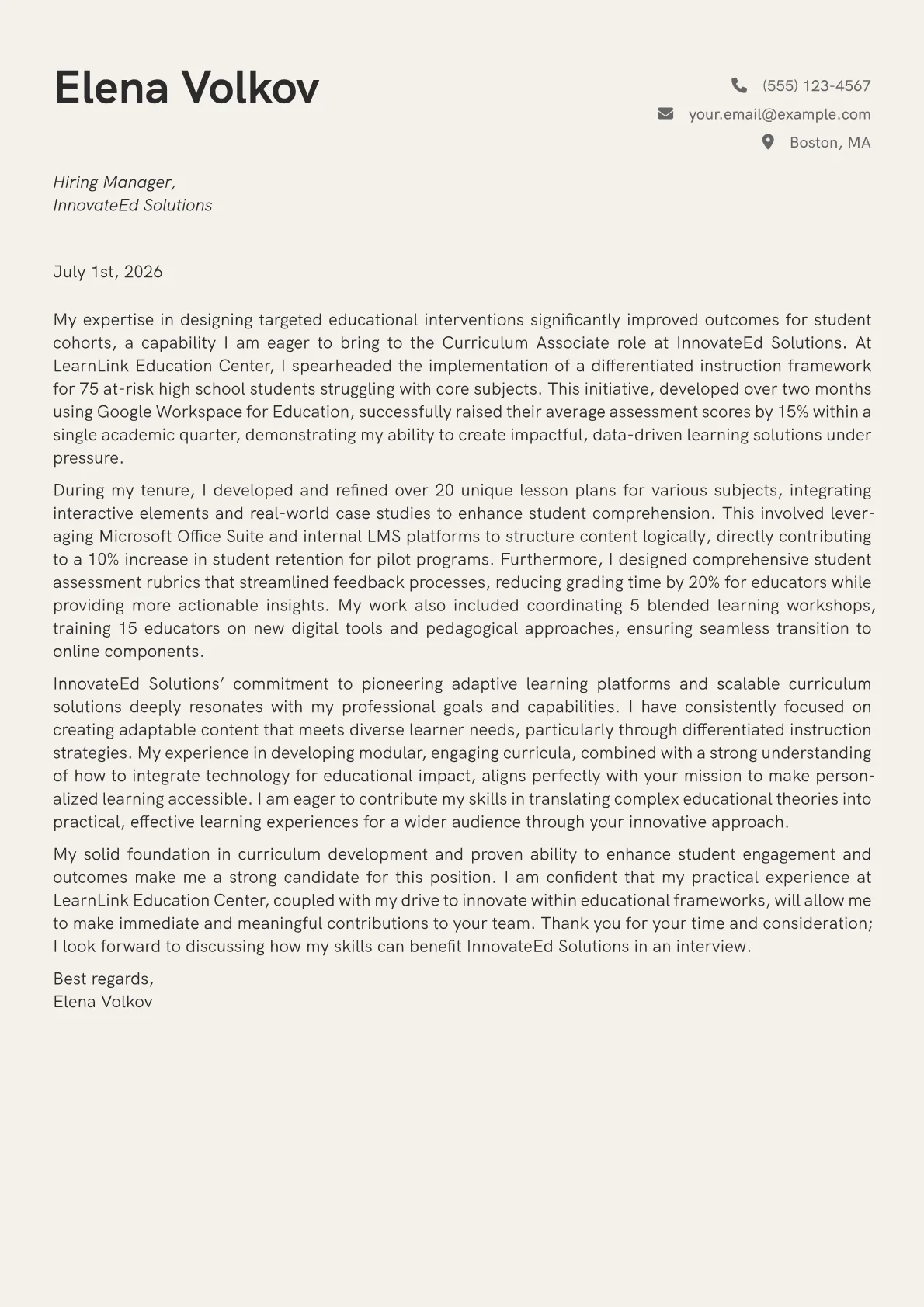 Recent Graduate cover letter formatted with a JobSprout template