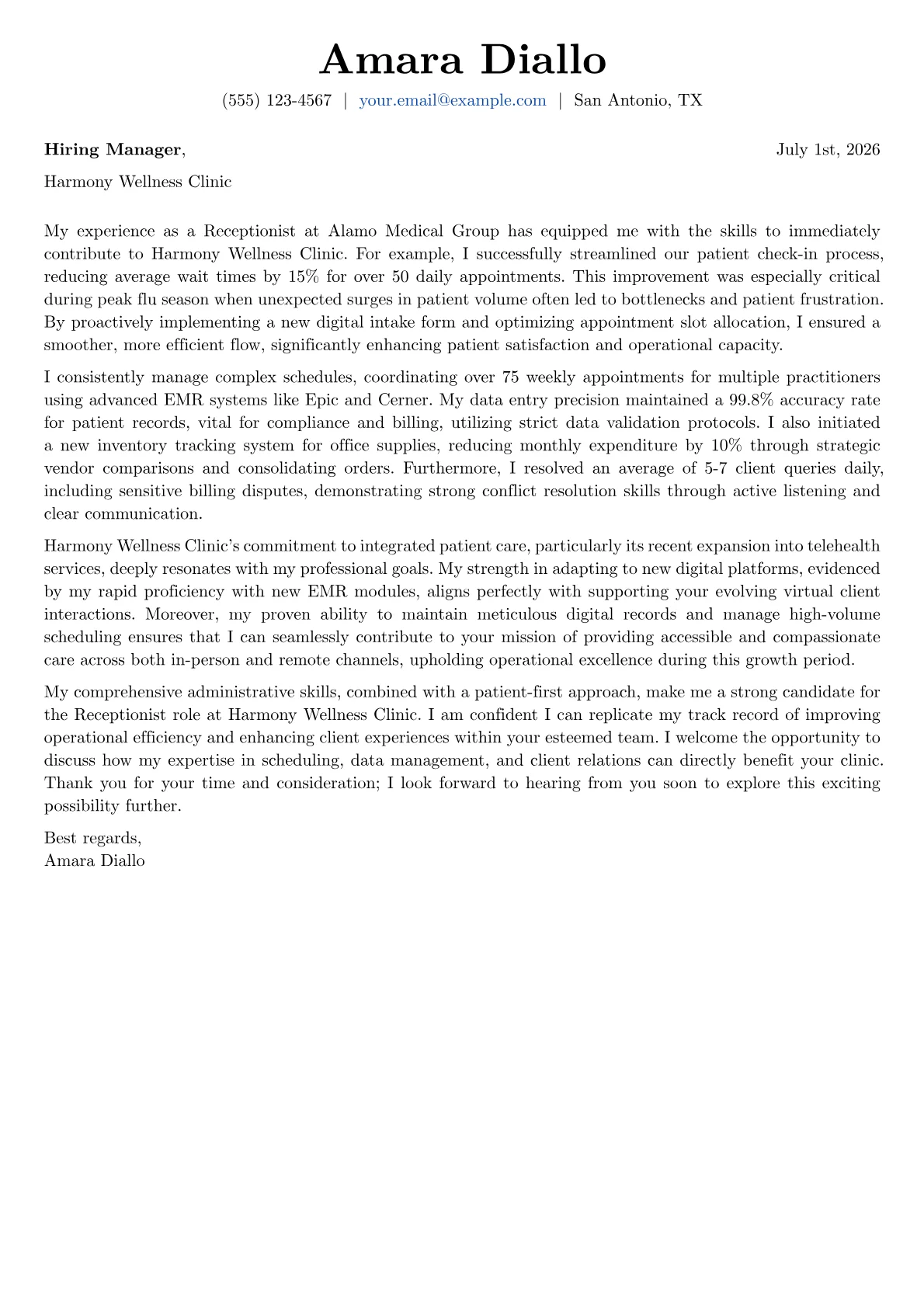 Receptionist cover letter formatted with a JobSprout template