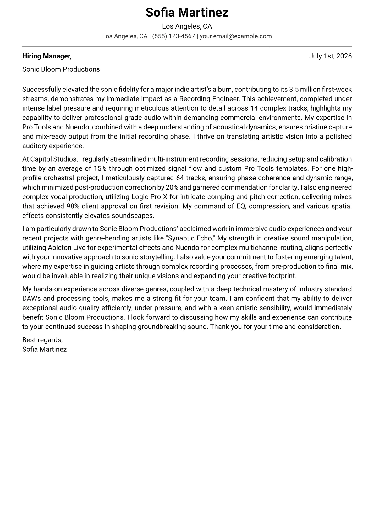 Recording Engineer cover letter formatted with a JobSprout template