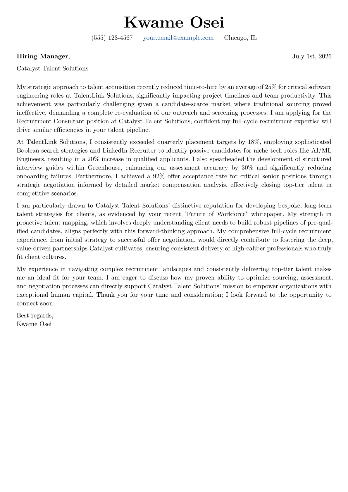 Recruitment Consultant cover letter formatted with a JobSprout template