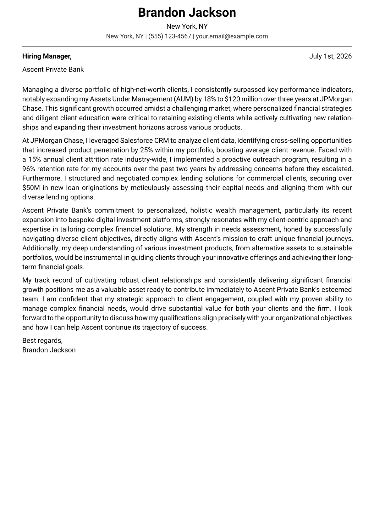 Relationship Manager cover letter formatted with a JobSprout template