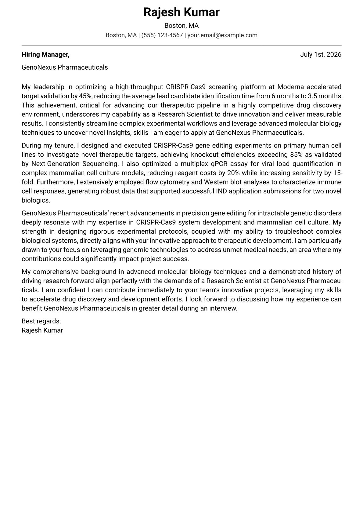 Research Scientist cover letter formatted with a JobSprout template