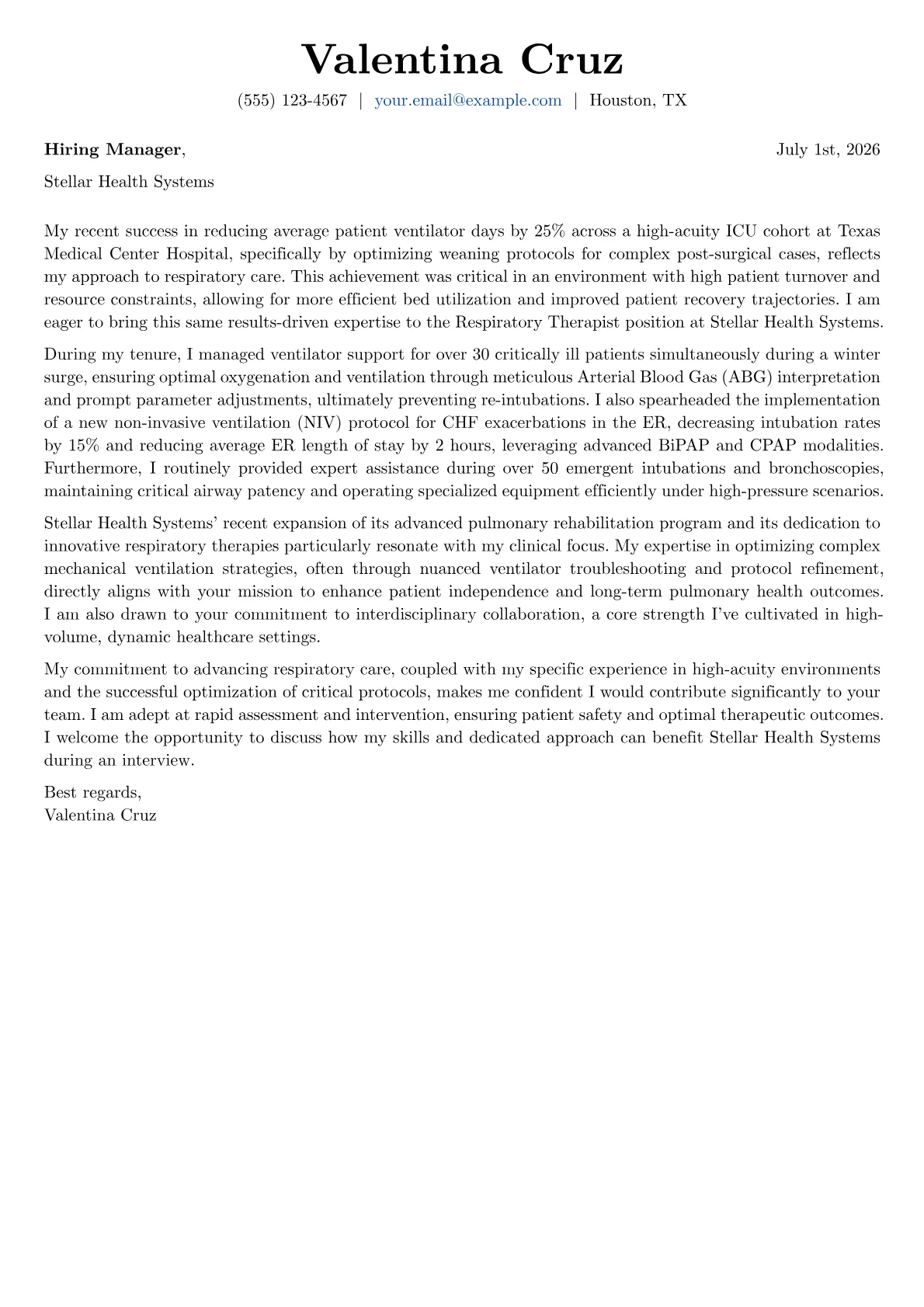 Respiratory Therapist cover letter formatted with a JobSprout template