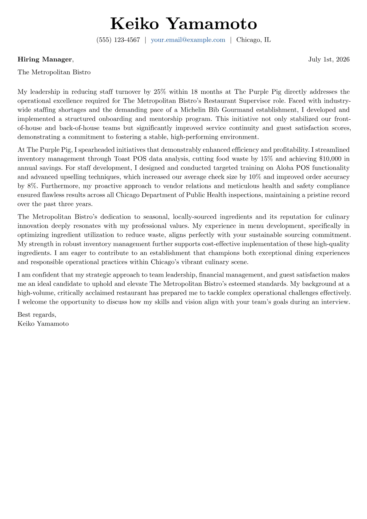 Restaurant Supervisor cover letter formatted with a JobSprout template
