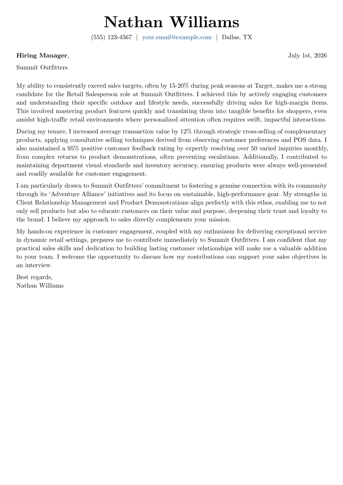Retail Salesperson cover letter formatted with a JobSprout template
