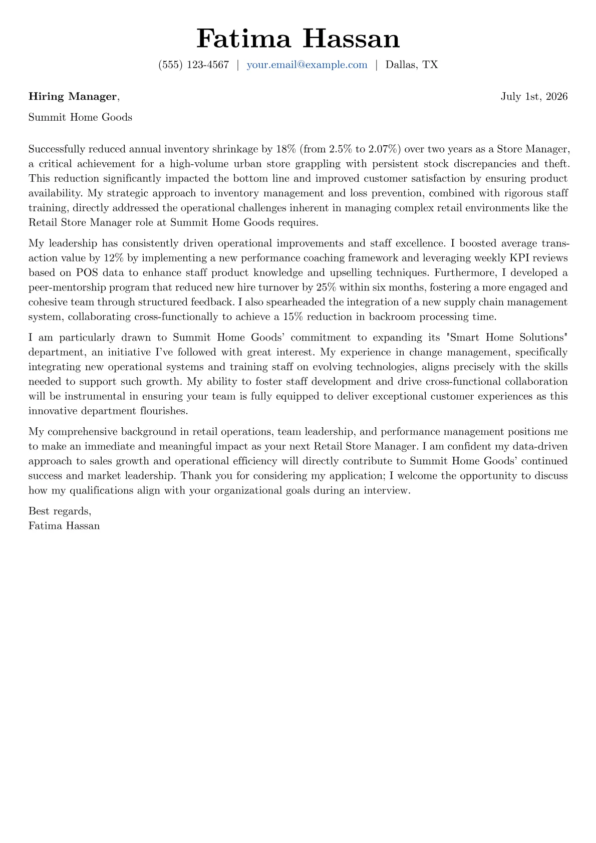 Retail Store Manager cover letter formatted with a JobSprout template
