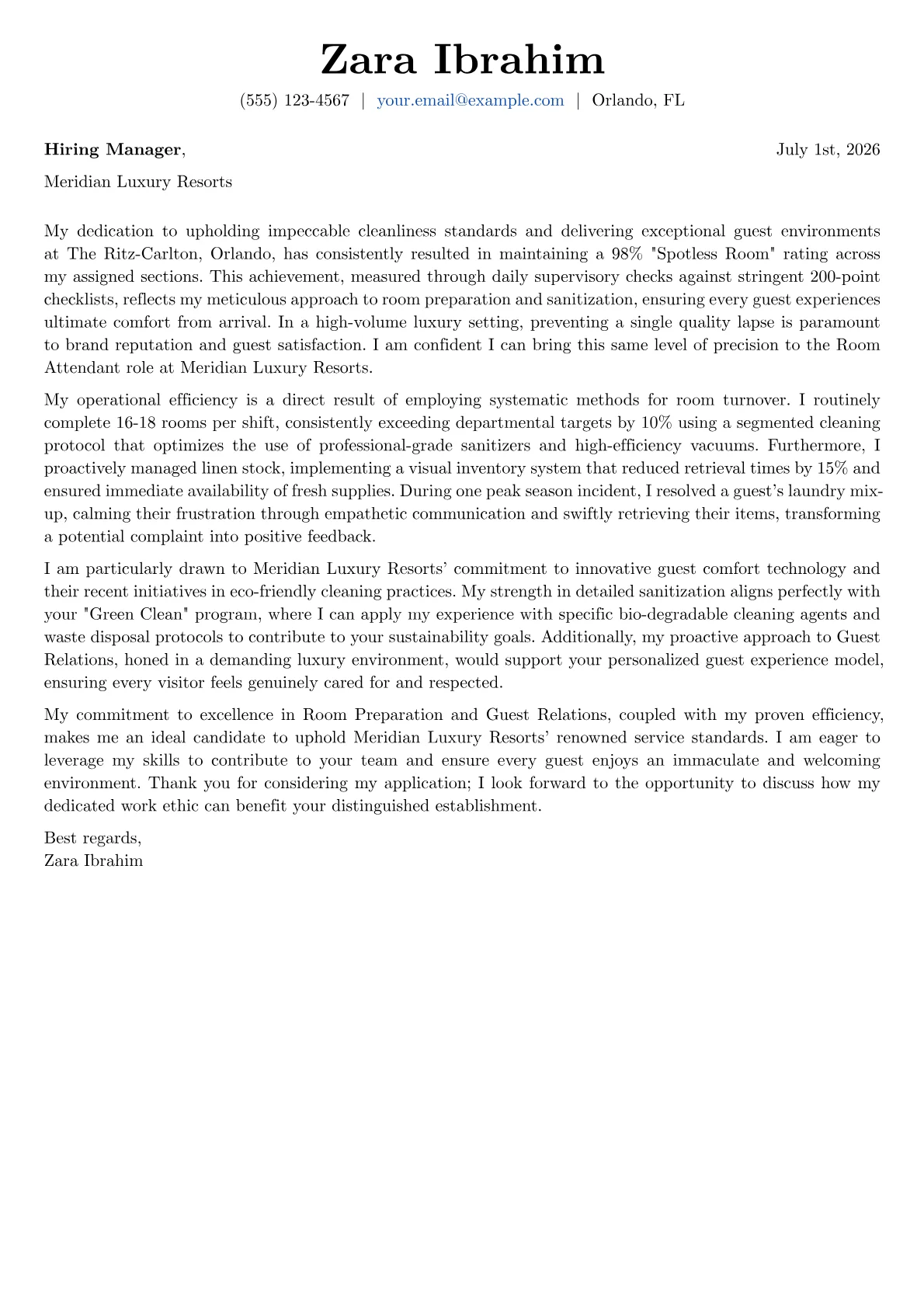 Room Attendant cover letter formatted with a JobSprout template