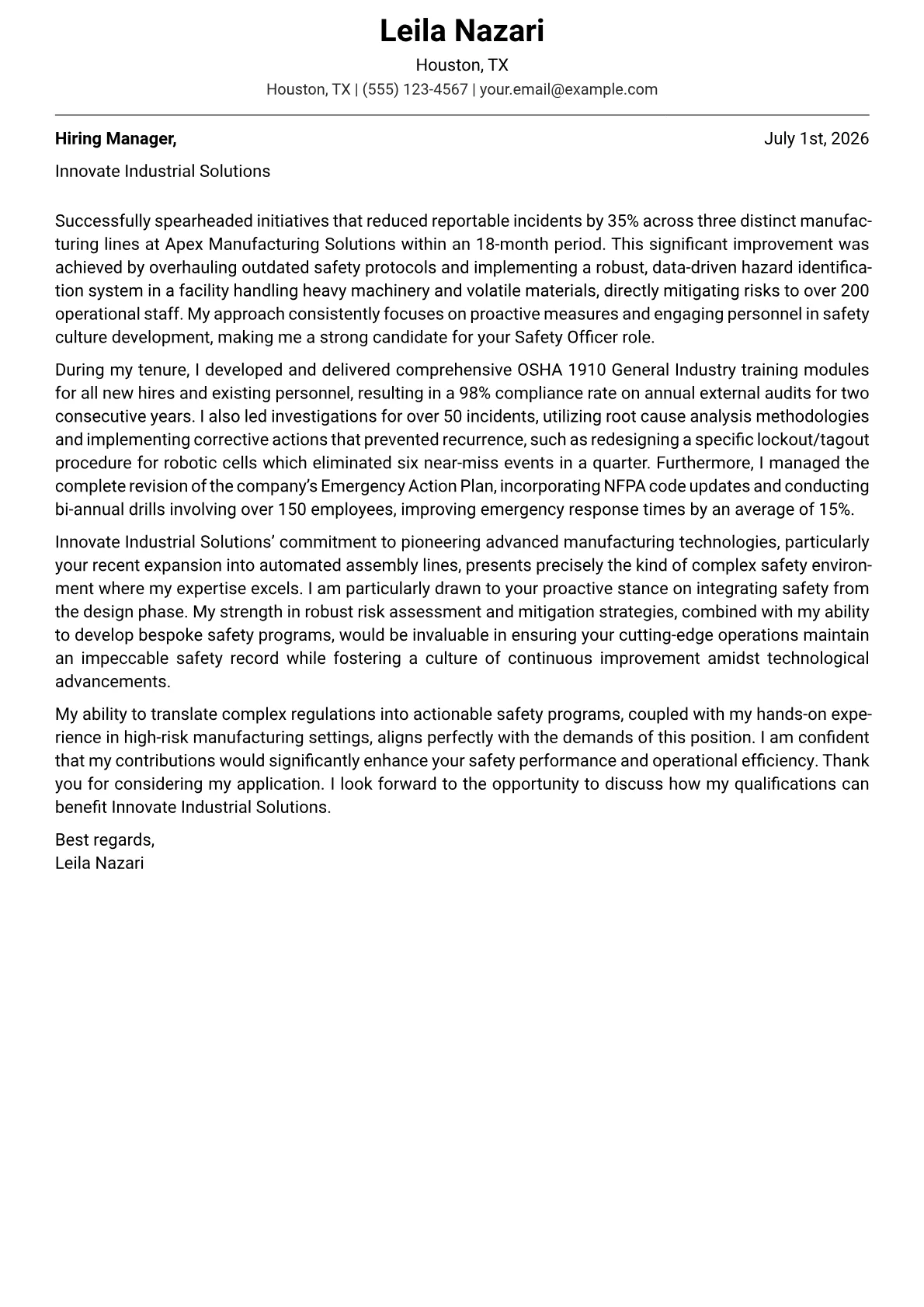 Safety Officer cover letter formatted with a JobSprout template