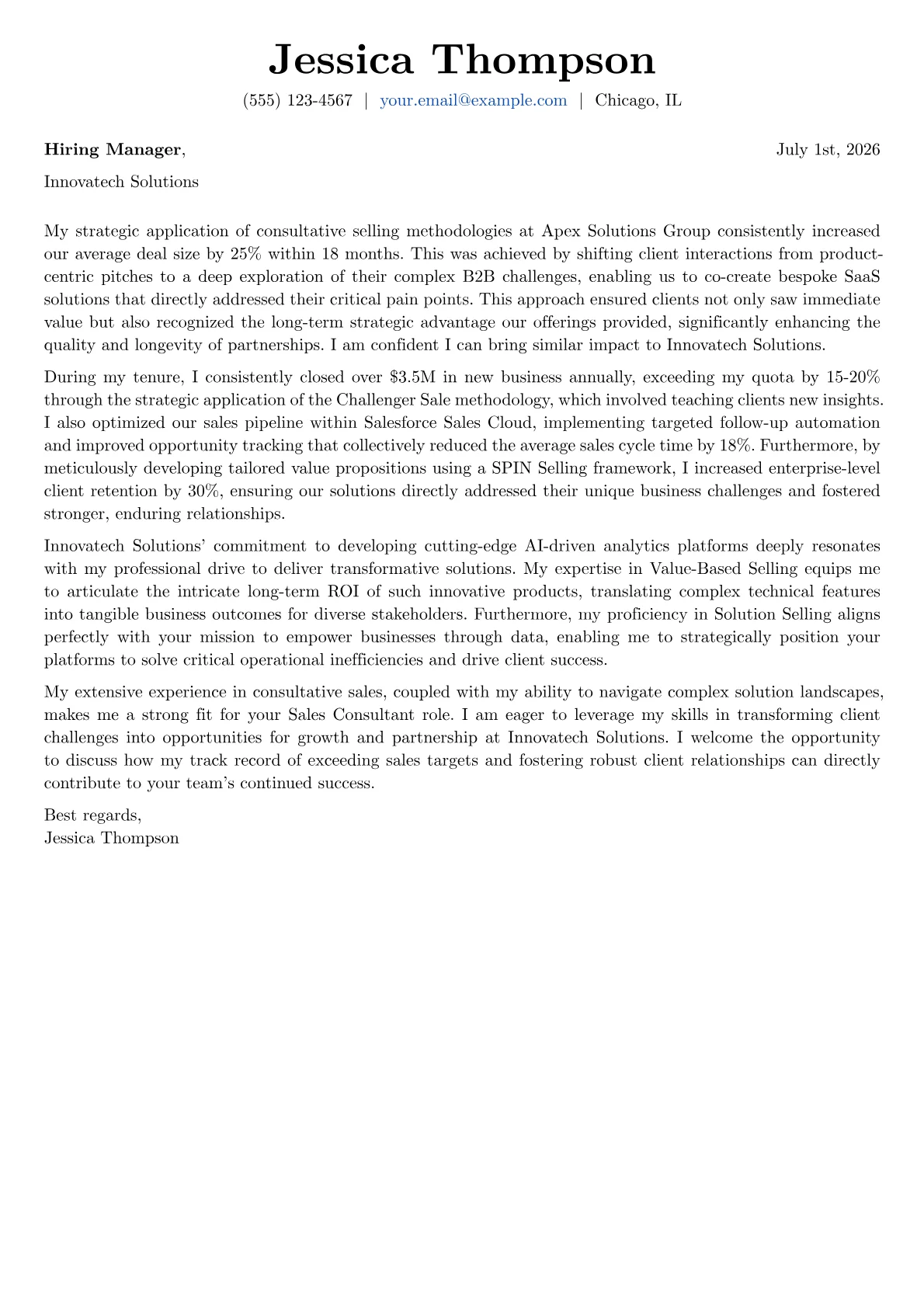 Sales Consultant cover letter formatted with a JobSprout template