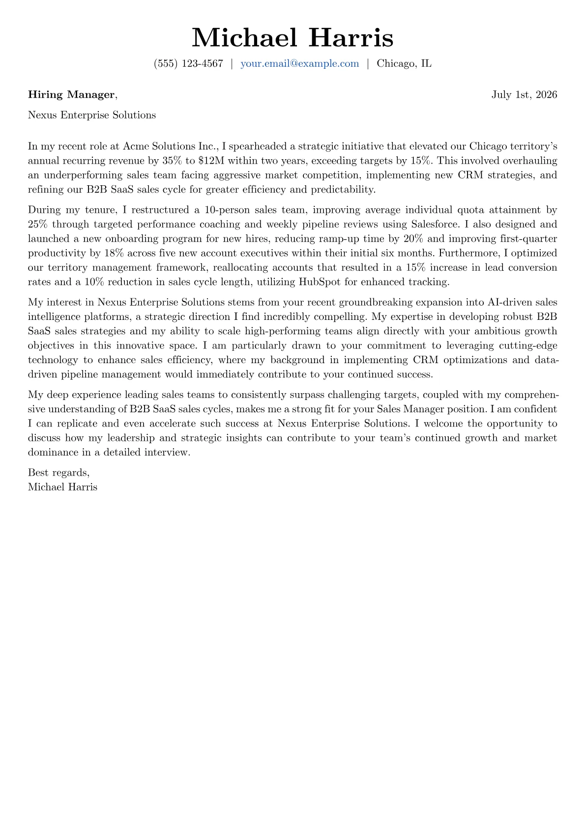 Sales Manager cover letter formatted with a JobSprout template