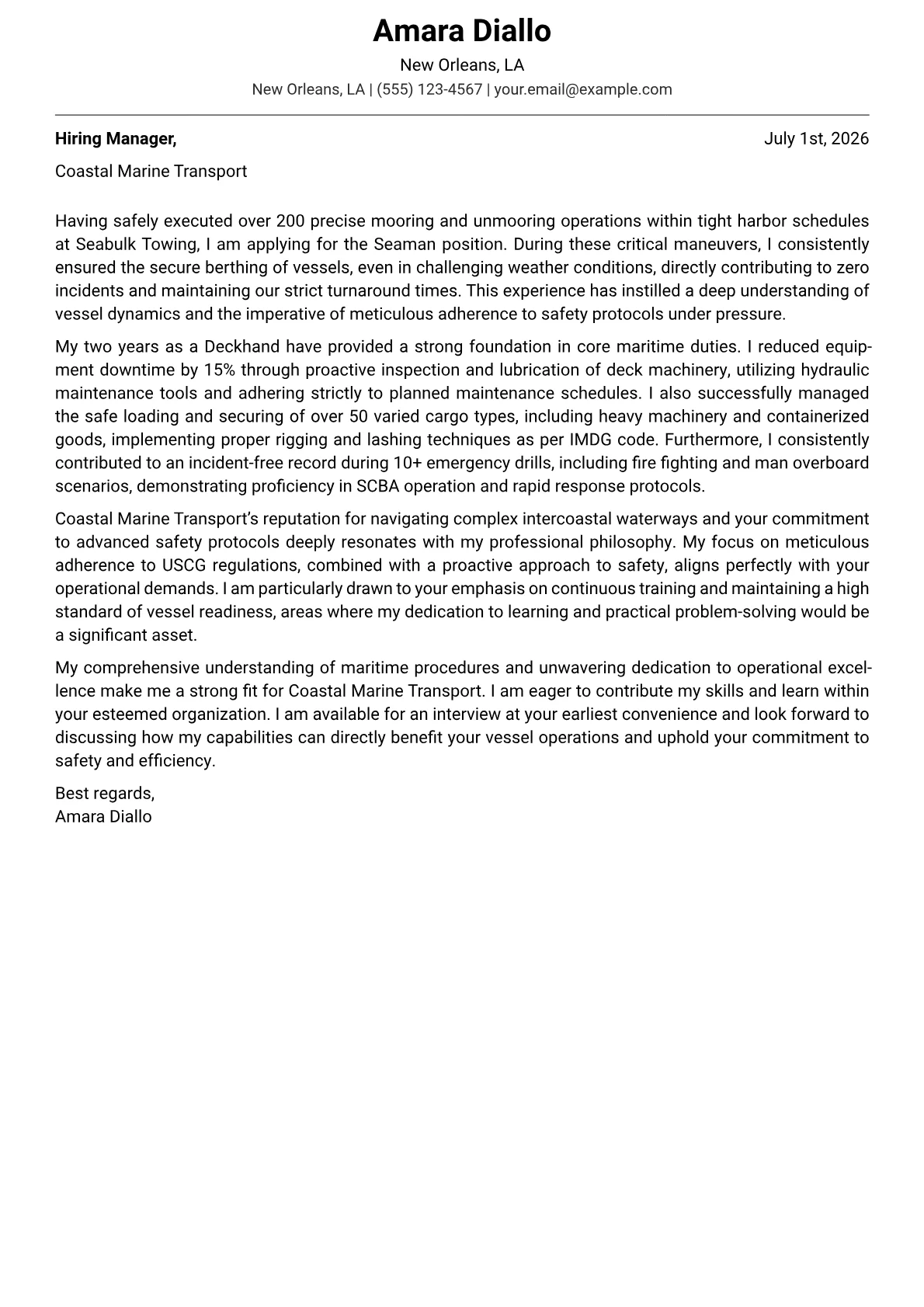 Seaman cover letter formatted with a JobSprout template