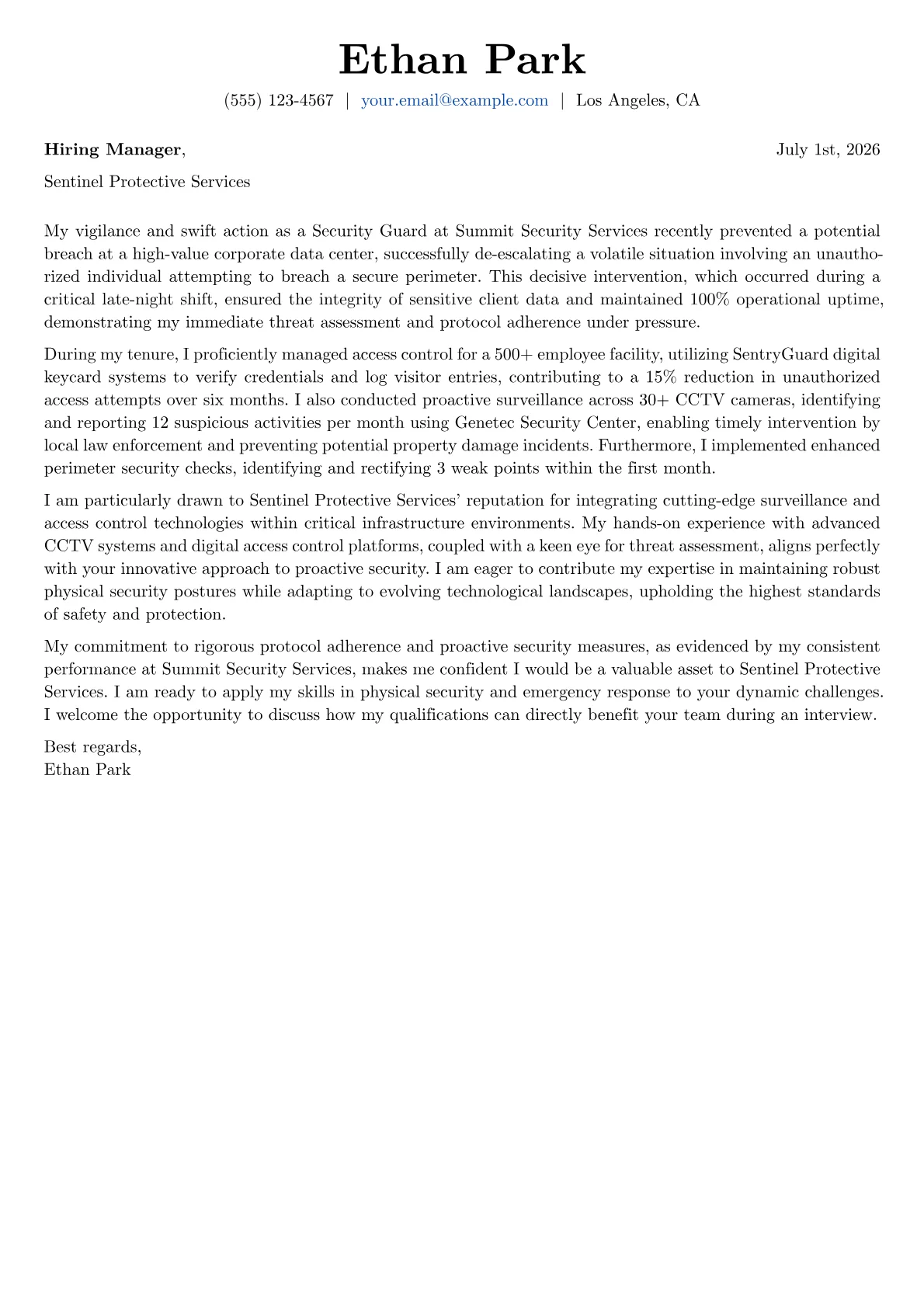 Security Guard cover letter formatted with a JobSprout template