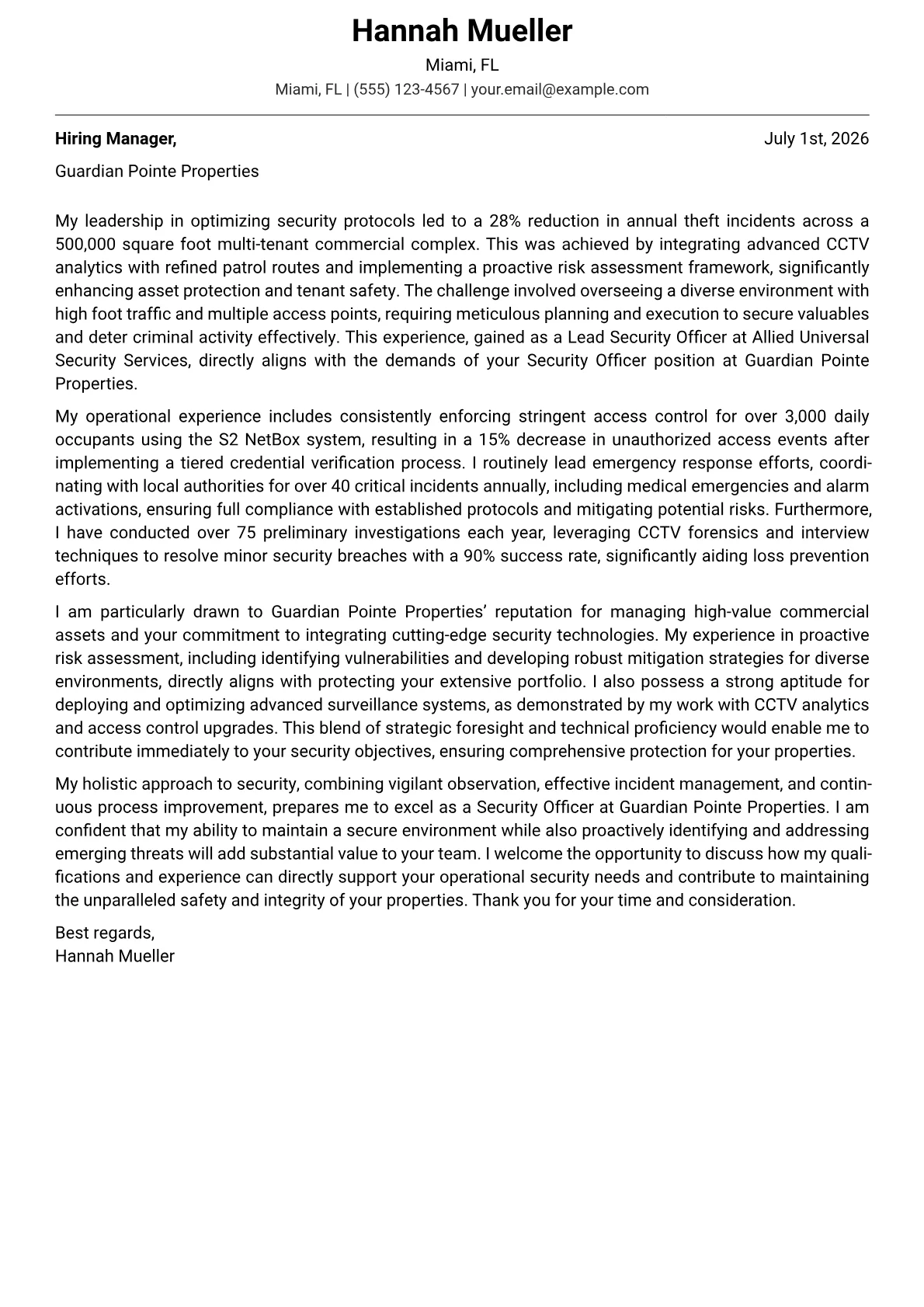 Security Officer cover letter formatted with a JobSprout template