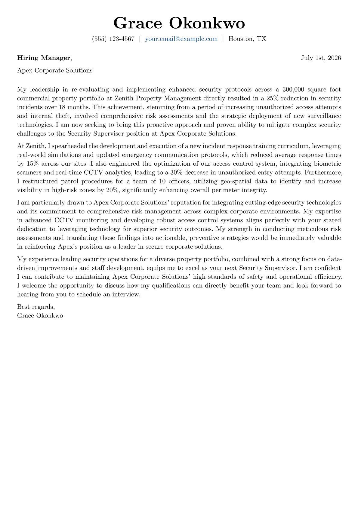 Security Supervisor cover letter formatted with a JobSprout template