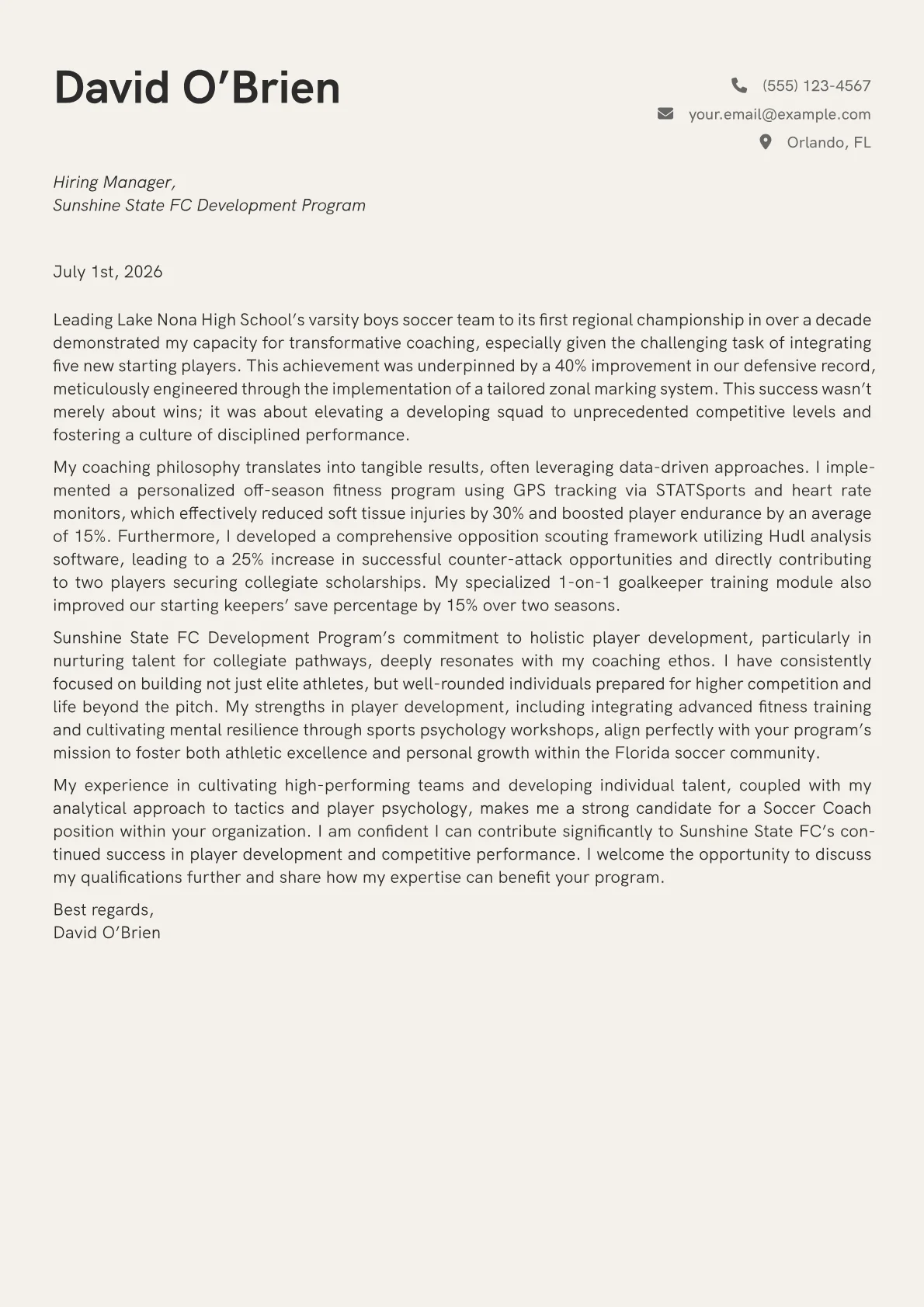 Soccer Coach cover letter formatted with a JobSprout template
