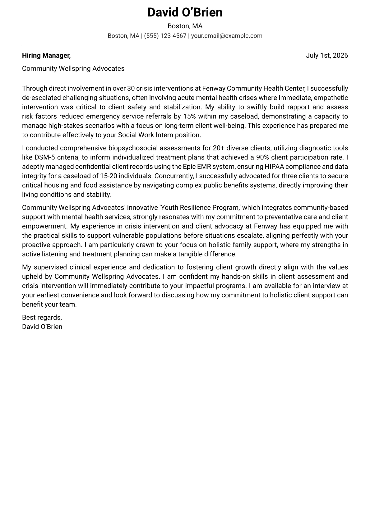 Social Work Intern cover letter formatted with a JobSprout template
