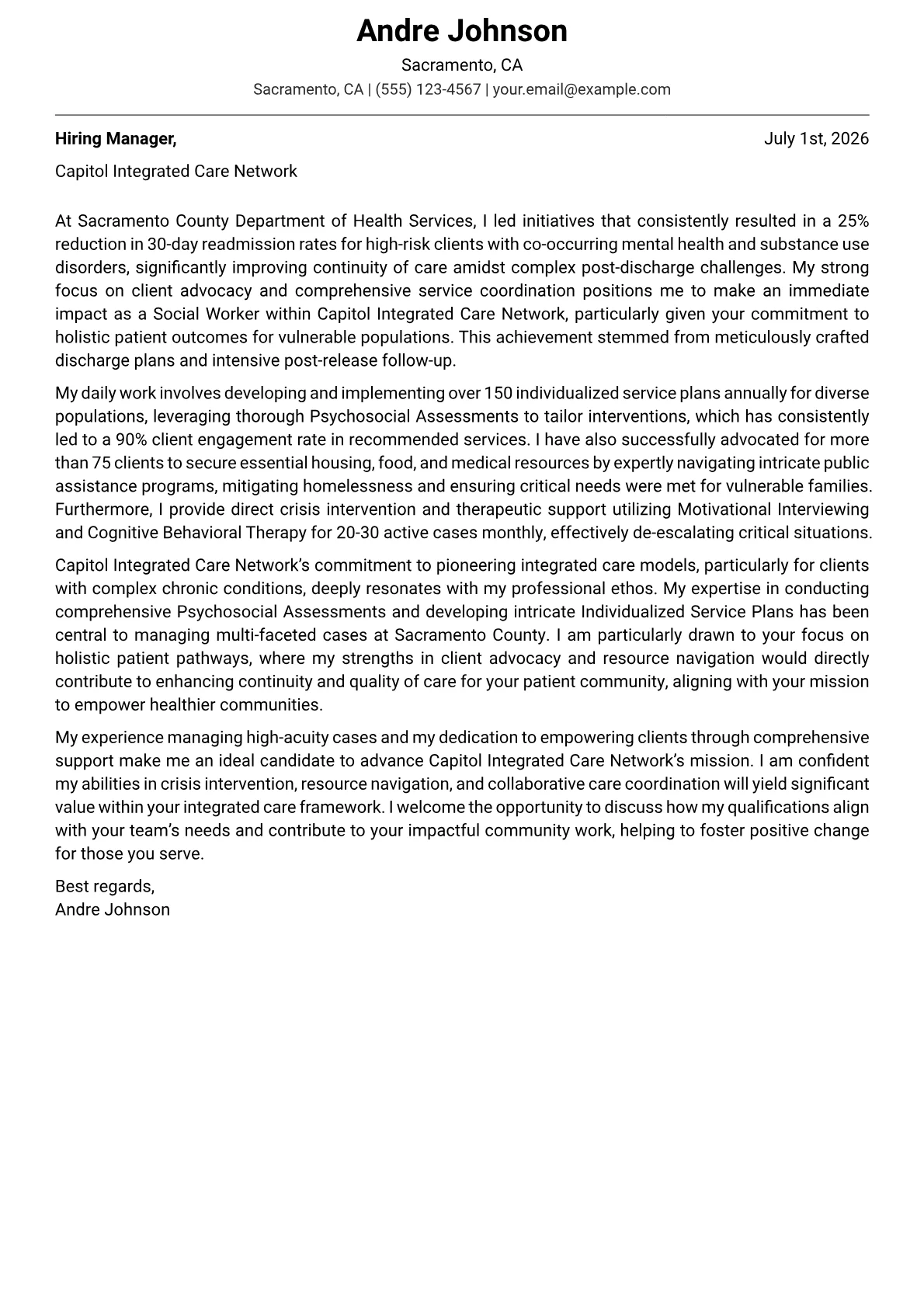 Social Worker cover letter formatted with a JobSprout template