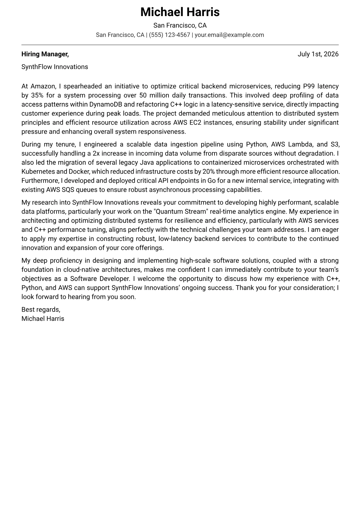 Software Developer cover letter formatted with a JobSprout template